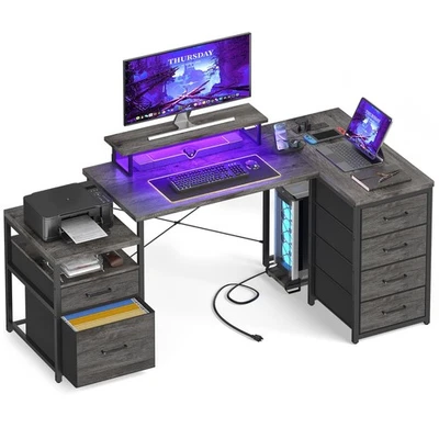 Escritorio para ordenador Cyclysio 71 con luces LED y tomas de corriente, reversible en forma de L Foto 1 de 4