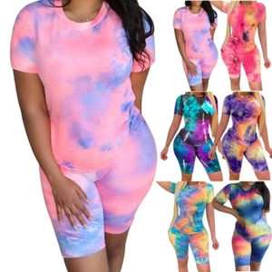 Women Summer Tie-Dye Print Casual Two Piece Set O-Neck Top+Shorts Tracksuits - Picture 1 of 16