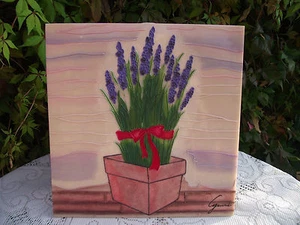 WALL HANGING TUBE LINED PERSPEX ACRYLIC TILE PLAQUE LAVENDER FLOWERS IN POT - Picture 1 of 10