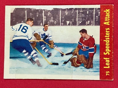Jacques Plante 1955-56 Parkhurst #75 Hoja Speedsters ataque Eric Nesterenko Foto 1 de 4