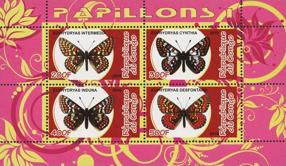 Congo Butterfly Insect Euphydryas Nature Souvenir Sheet of 4 Stamps Mint NH - Image 1 of 4