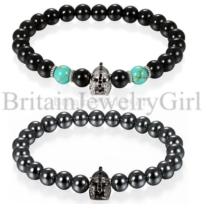 Spartan Helmet Charm Black Onyx and Iron Gallstone Beaded Stretch Bracelet - Image 1 of 4