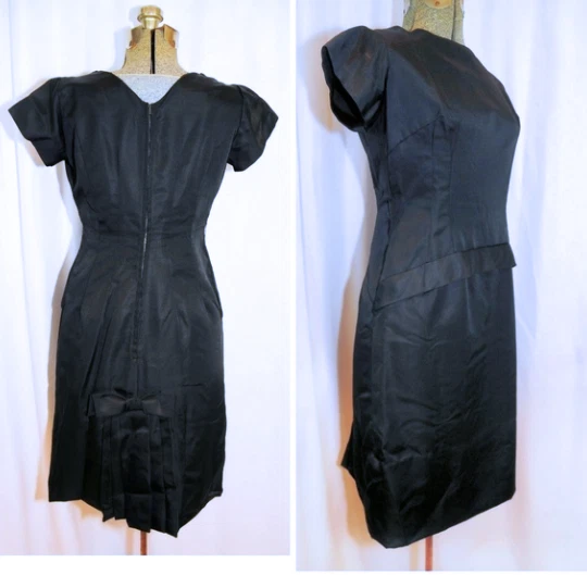 Vestido Vaina De Colección Años 60 Negro Tafetán Talla SM Cintura Caída Plisado Trasero y Lazo LBD Foto 1 de 4