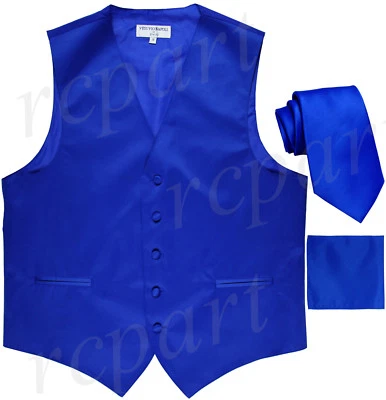 New Men's Royal blue formal vest Tuxedo Waistcoat_necktie & hankie set wedding  - Image 1 of 4