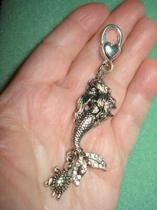4" Drop Dangle Silver Plated Rhinestone Mermaid & Turtle Key Ring Purse Glitz - Picture 1 of 13