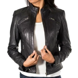 Women's Black Moto Style Genuine Lambskin Real Leather Motorcycle Biker Jacket - Picture 1 of 9