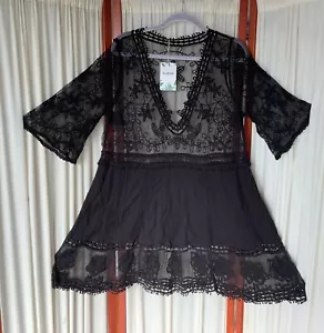Womens Black Lace Swimsuit Coverup Embroidered V-Neck Eomenie NWT One Size - Picture 1 of 9