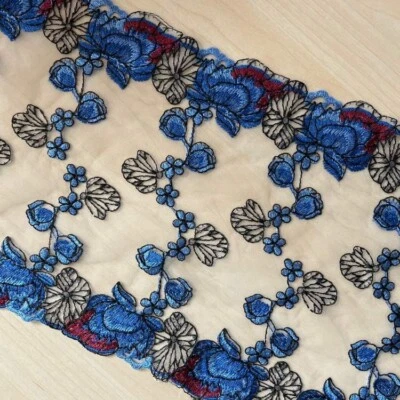 3 Yards 8" wide Ivory Tulle Mesh Lace with Embroidered Blue/Red Flower xh245 - Image 1 of 2