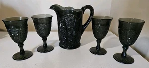 Tiara Indiana Glass Smoke Gray Monarch Paneled Daisy Pitcher & 4 Goblet Set - Picture 1 of 12