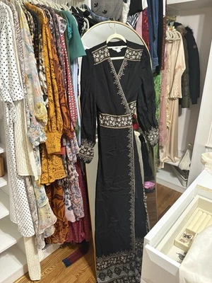 $798 Veronica 胡须女式黑色长袖自绑裹身连衣裙 0 码 — 第 1/3 张图片