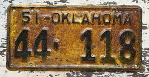 Alter 51 OK. Scheunenfund Rat Rod Oldtimer 1951 Oklahoma Autokennzeichen 44-118 - Bild 1 von 1