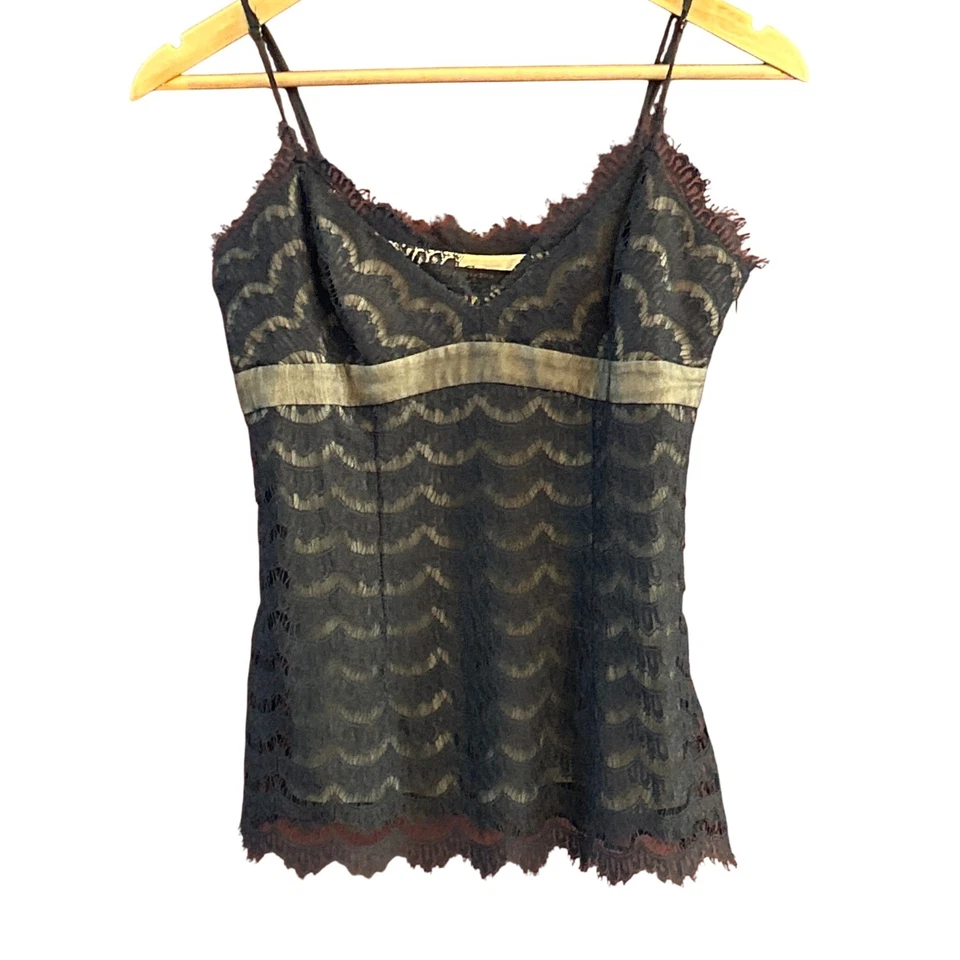 Y2K BCBGMAXAZRIA Pestañas Negras Encaje Seda Cami Elegante Capricho Oscuro Romántico Foto 1 de 4