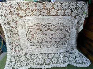 🌸 Nappe ancienne en dentelle Nottingham | Design floral artisanal | 160x120cm 🌸 - Photo 1/7