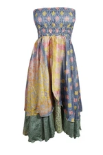 Boho Gypsy Flared Maxi Skirt Hi Low Strapless Dress 2 Layer Printed Skirts S/M