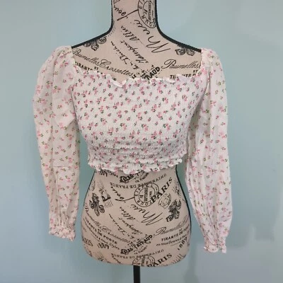 Topshop Petite bardot shirred crop top in white 4 floral Cottage Core Garden Gir - Image 1 of 4