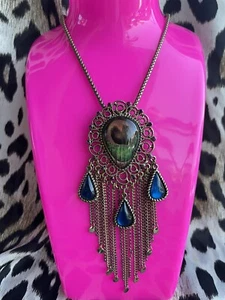 Betsey Johnson Vintage Morocco Adventure Moroccan Peacock Feather Necklace RARE - Picture 1 of 6