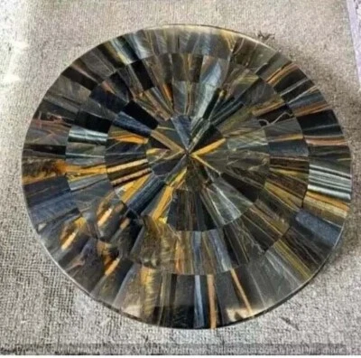 12" Elegant Round Tiger Eye Marble Coffee Table Top Centerpiece Farmhouse Decors - Image 1 of 4