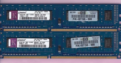 2GB 2x1GB PC3-10600 DDR3-1333 KINGSTON HP497156-B88-ELDWG HP 497156-B88 Ram Kit - Image 1 of 2