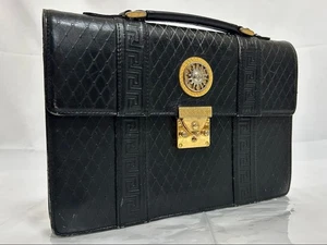 GIANNI VERSACE Greca Maletín Estampado Completo Segundo Bolso de Mano Solapa Negra - Imagen 1 de 15