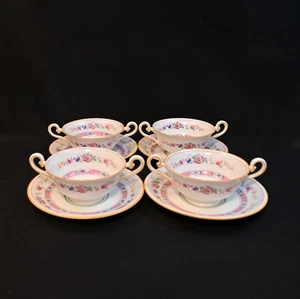 Royal Doulton 4 Cream Soups & 4 Saucers Urn Pink Bands Yellow Trim HP 1922-1927 - Picture 1 of 24
