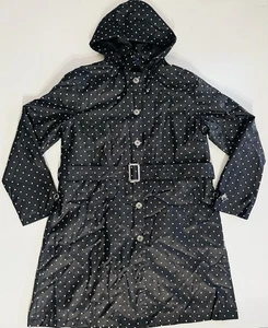 Capelli New York Raincoat Trench Coat Black w/White Polka Dot Button Hood Sz (M) - Picture 1 of 9