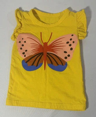 蝴蝶图案上衣飘逸荷叶短袖黄色衬衫女孩尺寸 3 — 第 1/4 张图片