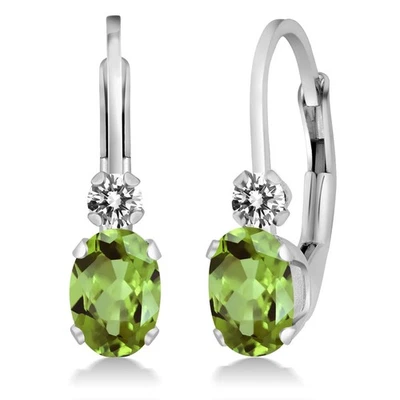 14K White Gold Peridot and Diamond Earrings For Women (1.07 Cttw,  6X4MM, - Image 1 of 4