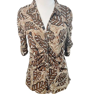 Jane + Delancey Womens Ruched Button Front Leaf Print Blouse Brown White Medium - Picture 1 of 5