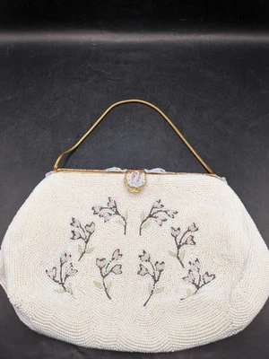 Stunning Art Deco Handmade Beaded Purse With Enamel Details Made In France White - Image 1 of 4