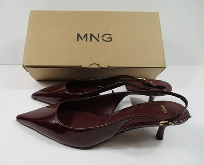 -NUEVO MNG Mango Zapato Punta Eslinga Trasera Gatito Tacones Patente Borgoña Talla 38 Foto 1 de 4