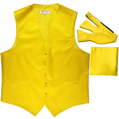 New Men's Solid Tuxedo Vest Waistcoat & Free Style Self-tie Bowtie Set Yellow - Image 1 of 4