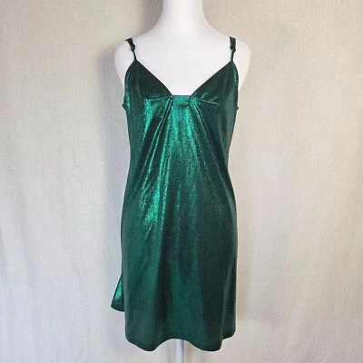 NWOT Allegra K Womens Large Y2K Green Metallic Slip Mini Cocktail Dress  — 第 1/4 张图片