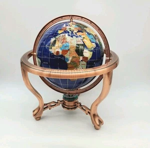 Tabletop Globe With Semi Precious Stones Copper Colored Metal Stand & Compass - Picture 1 of 7