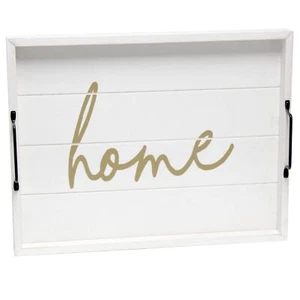 Farmhouse Style White Wash Wooden Tray with Black Metal Handles and Gold Text - Picture 1 of 8