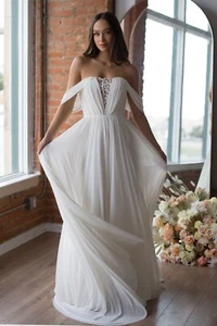Watters Wtoo Ryder 16711 Ivory Off Shoulder Floaty Wedding Dress Gown Size 14 16 - Picture 1 of 11