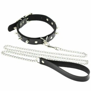 Cool BDSM Punk Leather Choker Necklace Collar with Leash Chain Rivet Buckle Belt - Imagen 1 de 1