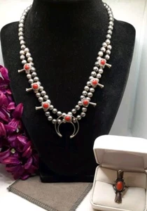 Vintage Sterling Silver Coral Squash Blossom Beaded Necklace 18" And Ring Sz 5 - Picture 1 of 11