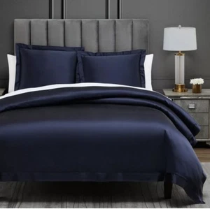 HiEnd Accents Super King Navy High Shine 3 Piece Duvet Cover Set, - Picture 1 of 6