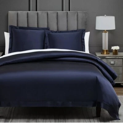 HiEnd Accents Super King Navy High Shine 3 Piece Duvet Cover Set, - Image 1 of 4