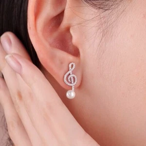 925 silver made with Swarovski crystal stud Musical note G CLEF pearl earrings - Picture 1 of 6