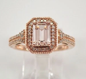Emerald Cut Morganite and Diamond Halo Engagement Ring Rose Gold Size 7 - Picture 1 of 7
