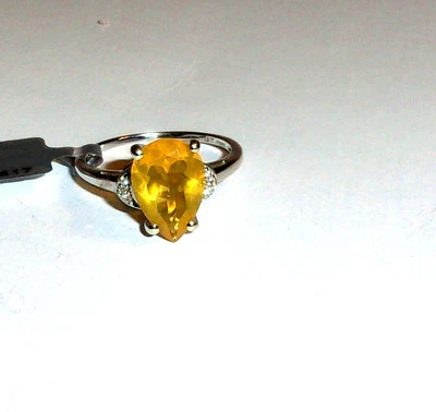 10K White Gold Golden Fire Opal (AAA) Pear Solitaire & White Zircon Ring, Sz 9  - Image 1 of 4