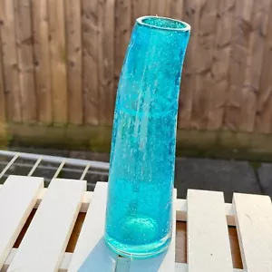 LEANING BLUE BUBBLE ART GLASS VASE CYLINDER SHAPE HAND BLOWN RETRO MODERN DECOR - Picture 1 of 5