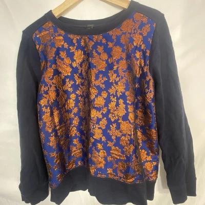 J. Crew Navy Blue Crewneck Sweater, Metallic Copper Floral  Medium D4 - Image 1 of 4