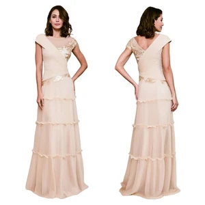 Tadashi Shoji Dress Womens Size 8 Gold Sovann Tulle Floral Applique Maxi Gown - Picture 1 of 13