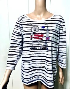 Talbots Striped London T Shirt Size XL Blue Red Big Ben British 3/4 Sleeve Lagen - Picture 1 of 8
