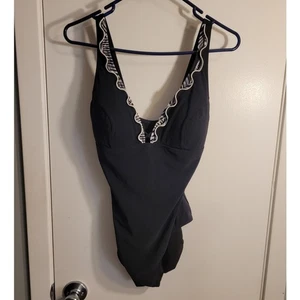 PROFILE BY GOTTEX Ruffle One Piece Swimsuit Sz 12 Black White Pinup Plunge Retro - Picture 1 of 9