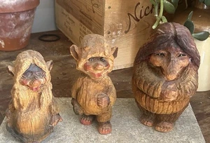 Vintage Henning HandCarved Wooden Trolls Set of 3 Folk Art Scandinavian Folklore - Picture 1 of 23