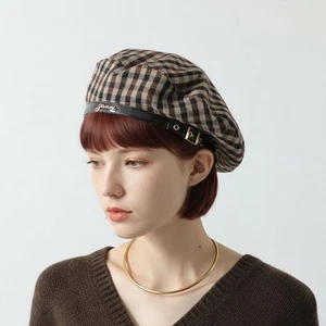 GANNI Damen Karierte Wollmischung Baskenmütze Kariert Logo Hut, 979/Chicory-Kaffee - Bild 1 von 6