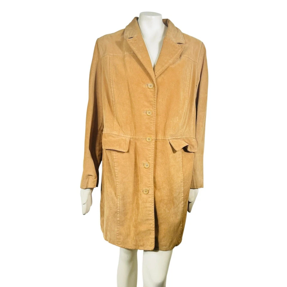 Vintage Y2K Style & Co Tan Suede Leather Trench Coat Button Front Pockets 18W - Image 1 of 4